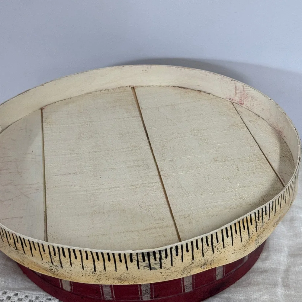 Primitive Hand Painted Wooden Snowman Sewing Box Round 15x5.5 Rustic Folk Art
